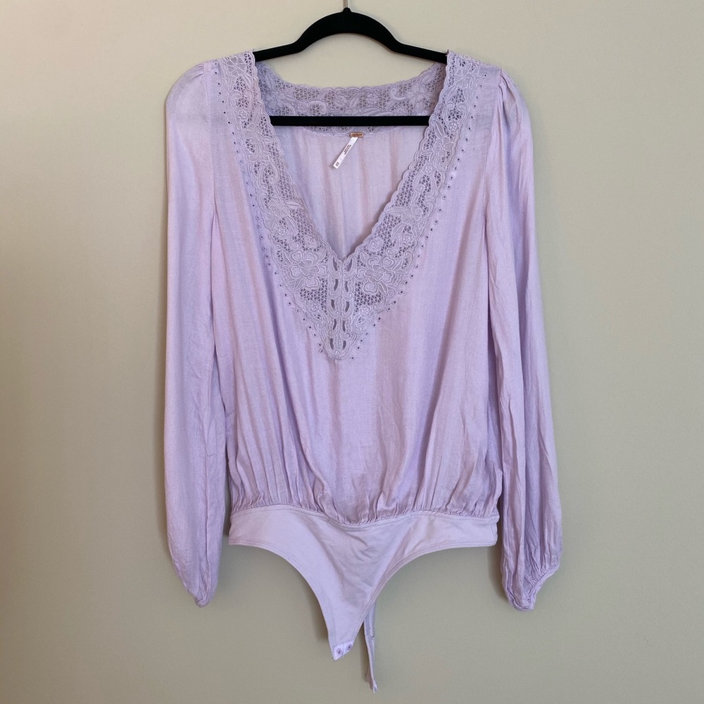 Free People Lilac Bodysuit with lace neckline- XS